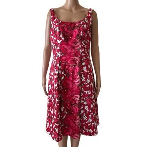 MAGGY LONDON Floral Fit & Flare Dress sz 10 Red Roses Sleeveless Pockets Cotton